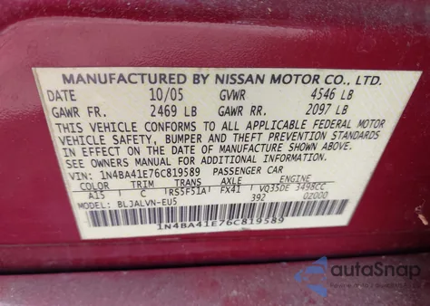 2006 Nissan Maxima 3.5 Se z USA, uszkodzony, nr VIN 1N4BA41E76C819589